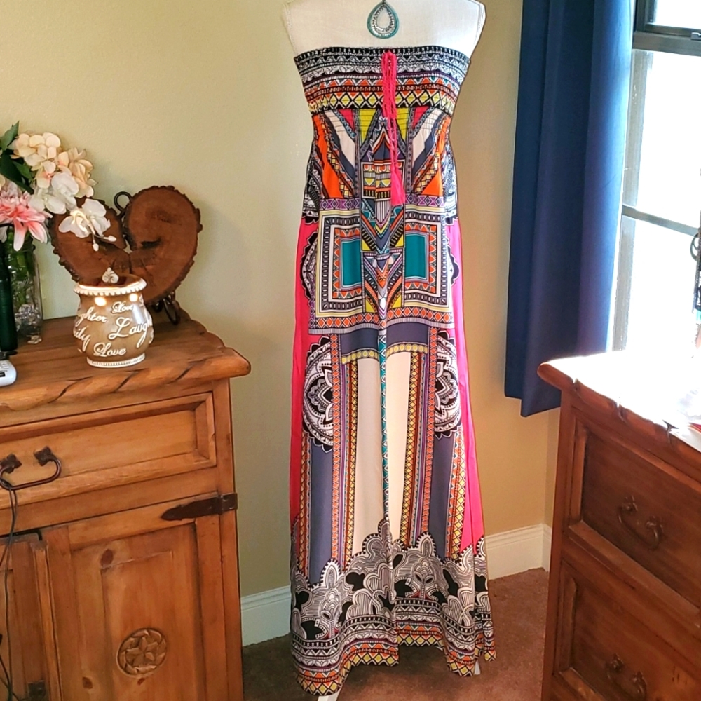 Flying Tomato Strapless Maxi Dress in Colorful Tribal Rayon Women's Large